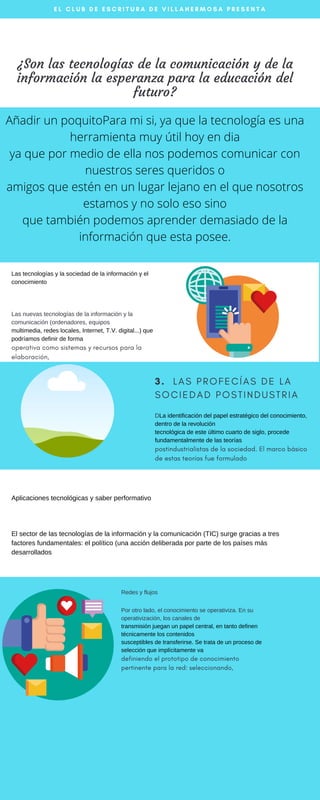 Las tecnologías y la sociedad de la información y el
conocimiento
Las nuevas tecnologías de la información y la
comunicación (ordenadores, equipos
multimedia, redes locales, Internet, T.V. digital...) que
podríamos definir de forma
operativa como sistemas y recursos para la
elaboración,
Añadir un poquitoPara mi si, ya que la tecnología es una
herramienta muy útil hoy en dia
ya que por medio de ella nos podemos comunicar con
nuestros seres queridos o
amigos que estén en un lugar lejano en el que nosotros
estamos y no solo eso sino
que también podemos aprender demasiado de la
información que esta posee.
¿Son las tecnologías de la comunicación y de la
información la esperanza para la educación del
futuro?
3. L A S P R O F E C Í A S D E L A
S O C I E D A D P O S T I N D U S T R I A
DLa identificación del papel estratégico del conocimiento,
dentro de la revolución
tecnológica de este último cuarto de siglo, procede
fundamentalmente de las teorías
postindustrialistas de la sociedad. El marco básico
de estas teorías fue formulado
Redes y flujos
Por otro lado, el conocimiento se operativiza. En su
operativización, los canales de
transmisión juegan un papel central, en tanto definen
técnicamente los contenidos
susceptibles de transferirse. Se trata de un proceso de
selección que implícitamente va
definiendo el prototipo de conocimiento
pertinente para la red: seleccionando,
Aplicaciones tecnológicas y saber performativo
El sector de las tecnologías de la información y la comunicación (TIC) surge gracias a tres
factores fundamentales: el político (una acción deliberada por parte de los países más
desarrollados
E L C L U B D E E S C R I T U R A D E V I L L A H E R M O S A P R E S E N T A
 