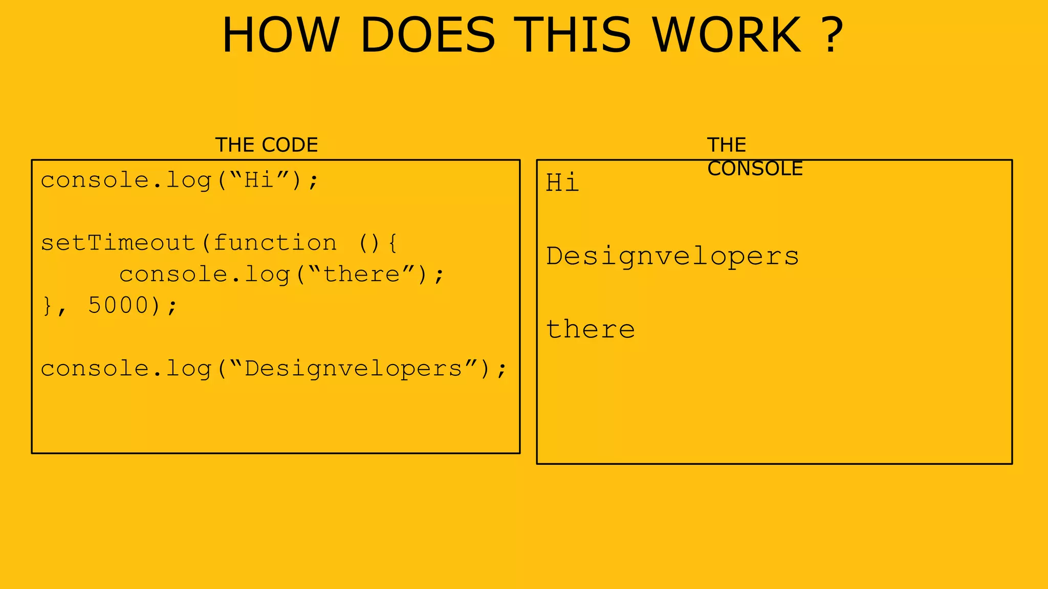 console.log(“Hi”);
setTimeout(function (){
console.log(“there”);
}, 5000);
console.log(“Designvelopers”);
Hi
Designvelopers
there
HOW DOES THIS WORK ?
THE CODE THE
CONSOLE
 