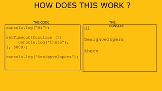 console.log(“Hi”);
setTimeout(function (){
console.log(“there”);
}, 5000);
console.log(“Designvelopers”);
Hi
Designvelopers
there
HOW DOES THIS WORK ?
THE CODE THE
CONSOLE
 
