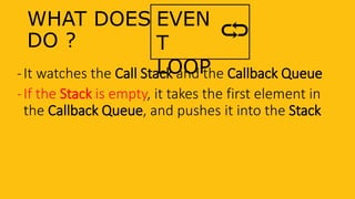WHAT DOES
DO ?
-It watches the Call Stack and the Callback Queue
-If the Stack is empty, it takes the first element in
the Callback Queue, and pushes it into the Stack
EVEN
T
LOOP
 
