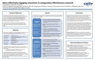 More effectively engaging consumers in comparative effectiveness research. Seidenfeld JD 1 , Sonnad SS 1,2 , Gruman J 3 1 Center for Medical Technology Policy, Baltimore, MD, USA,  2 Department of Surgery, University of Pennsylvania School of Medicine, Philadelphia, PA, USA,  3 Center for Advancing Health, Washington, DC, USA,  Research Objectives Current efforts by payers, clinical researchers, and policymakers to prioritize, design and implement comparative effectiveness research (CER) often miss the opportunity to incorporate the patient and consumer perspective. The  Center for Medical Technology Policy (CMTP)  seeks to generate reliable evidence for decision-makers and recognizes the importance of including patients and consumers as fellow decision-makers, rather than as only an audience for such decisions.  This poster reports on the formation of and recommendations from a Patient and Consumer Advisory Committee (PCAC) designed to assist CMTP’s efforts to prioritize CER topics and create guidelines for research design. Results The Patient and Consumer Advisory Committee (PCAC) developed sets of recommendations for CMTP’s efforts to engage patients in both priority-setting and developing guidelines for the design of new CER studies.    ,[object Object],[object Object],[object Object],[object Object],[object Object],[object Object],Conclusions It has become axiomatic among policy makers and research organizations engaged in comparative effectiveness research to think that public representatives should be involved in setting CER priorities and designing CER studies. Our experience demonstrates that doing so effectively is neither straightforward nor easy.  There is a risk that the public’s voice will be lost in the CER enterprise unless action is taken to develop best practices for meaningful patient and consumer involvement.  This project presents a set of recommendations for public engagement in various aspects of comparative effectiveness research (both priority-setting and the design of CER studies) for policy makers and researchers who recognize the imperative to include patient / consumer perspectives but are uncertain about how to do so effectively.  CMTP has used these with great success in projects initiated since the July 2009 meeting. We conclude that as other research organizations or entities seek to better engage patients and consumers in their work, they adapt these recommendation for their use.  Potential future work : CMTP’s PCAC recommended that a ranked list of priority-setting criteria developed by a collaboration of authoritative patient advocacy voices would be valuable to policy makers and researchers. Such an effort would ensure that the public’s voice is genuinely represented in this new era of patient centered outcomes research. ,[object Object],[object Object],[object Object],[object Object],[object Object],[object Object],[object Object],[object Object],[object Object],[object Object],[object Object],Jessie Gruman (Chair) Founder,  Center for Advancing Health Jennifer Sweeney  Director of  Americans for Quality Health Care , National Partnership for Women and Families Maureen P. Corry  Executive Director,  Childbirth Connection Eugene J. Kazmierczak Patient Consultant, Food and Drug Administration Patience  H. White   Chief Public Health Officer,  Arthritis Foundation Lawrence Sadwin   President,  Friends of the World Heart Federation Foundation 