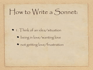 How to Write a Sonnet:

  1. Think of an idea/situation
     being in love/wanting love
     not getting love/frustration
 