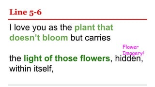 Line 5-6
I love you as the plant that
doesn’t bloom but carries
the light of those flowers, hidden,
within itself,
Flower
Imagery!
 