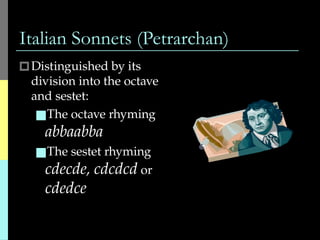 Italian Sonnets (Petrarchan)
🞐Distinguished by its
division into the octave
and sestet:
■The octave rhyming
abbaabba
■The sestet rhyming
cdecde, cdcdcd or
cdedce
 
