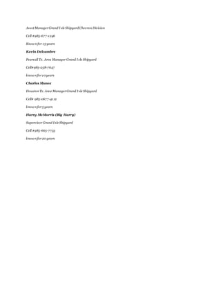 Asset ManagerGrand Isle Shipyard Chevron Division
Cell #985-677-1246
Known for 15 years
Kevin Delcambre
Pearsall Tx. Area Manager Grand Isle Shipyard
Cell#985-258-7647
known for10years
Charles Munoz
Houston Tx. Area ManagerGrand Isle Shipyard
Cell# 985-0677-4112
known for5 years
Harry McMorris (Big Harry)
SupervisorGrand Isle Shipyard
Cell #985-665-7753
known for20 years
 