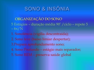 ORGANIZAÇÃO DO SONO
5 Estágios – duração média 90’ /ciclo – repete 5
– 6x/N
1. Sonolência (vigília descontraída);
2. Sono leve (baixo limiar despertar);
3.Prepara aprofundamento sono;
4. Sono Profundo – estágio mais reparador;
5. Sono REM – preserva saúde global
 