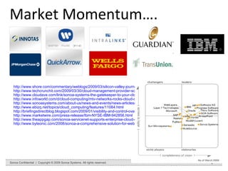 Market Momentum…. Sonoa Confidential  |  Copyright © 2009 Sonoa Systems. All rights reserved. http://www.shore.com/commentary/weblogs/2009/03/silicon-valley-journal-sonoa-builds.html http://www.techcrunchit.com/2009/03/30/cloud-management-provider-sonoa-systems-lands-deal-with-mtvn/ http://www.cloudave.com/link/sonoa-systems-the-gatekeeper-to-your-cloud-services http://www.infoworld.com/d/cloud-computing/mtv-networks-rocks-cloud-open-apis-162 http://www.sonoasystems.com/about-us/news-and-events/news-articles/sonoa-visionary-gartner-magic-quadrant-SOA-governance http://www.ebizq.net/topics/cloud_computing/features/11084.html http://briefingsdirectblog.blogspot.com/2009/01/visibility-and-control-over-api-use-is.html http://www.marketwire.com/press-release/Ibm-NYSE-IBM-942856.html http://www.theappgap.com/sonoa-servicenet-supports-enterprise-cloud-computing.html http://www.byteonic.com/2008/sonoa-a-comprehensive-solution-for-web-api-infrastructure-management/ 