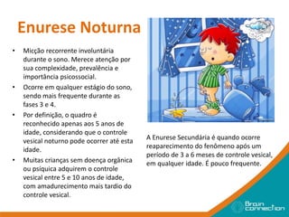 Enurese Noturna
• Micção recorrente involuntária
durante o sono. Merece atenção por
sua complexidade, prevalência e
importância psicossocial.
• Ocorre em qualquer estágio do sono,
sendo mais frequente durante as
fases 3 e 4.
• Por definição, o quadro é
reconhecido apenas aos 5 anos de
idade, considerando que o controle
vesical noturno pode ocorrer até esta
idade.
• Muitas crianças sem doença orgânica
ou psíquica adquirem o controle
vesical entre 5 e 10 anos de idade,
com amadurecimento mais tardio do
controle vesical.
A Enurese Secundária é quando ocorre
reaparecimento do fenômeno após um
período de 3 a 6 meses de controle vesical,
em qualquer idade. É pouco frequente.
 