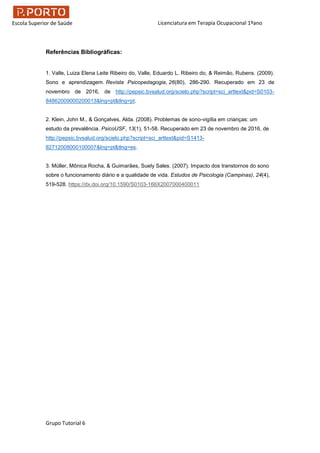 Licenciatura em Terapia Ocupacional 1ºano
Grupo Tutorial 6
Escola Superior de Saúde
Referências Bibliográficas:
1. Valle, Luiza Elena Leite Ribeiro do, Valle, Eduardo L. Ribeiro do, & Reimão, Rubens. (2009).
Sono e aprendizagem. Revista Psicopedagogia, 26(80), 286-290. Recuperado em 23 de
novembro de 2016, de http://pepsic.bvsalud.org/scielo.php?script=sci_arttext&pid=S0103-
84862009000200013&lng=pt&tlng=pt.
2. Klein, John M., & Gonçalves, Alda. (2008). Problemas de sono-vigília em crianças: um
estudo da prevalência. PsicoUSF, 13(1), 51-58. Recuperado em 23 de novembro de 2016, de
http://pepsic.bvsalud.org/scielo.php?script=sci_arttext&pid=S1413-
82712008000100007&lng=pt&tlng=es.
3. Müller, Mônica Rocha, & Guimarães, Suely Sales. (2007). Impacto dos transtornos do sono
sobre o funcionamento diário e a qualidade de vida. Estudos de Psicologia (Campinas), 24(4),
519-528. https://dx.doi.org/10.1590/S0103-166X2007000400011
 
