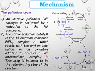 Mechanism
The palladium cycle
1) An inactive palladium PdII
catalyst is activated by a
reduction to the Pd0
compound.
2) The active palladium catalyst
is the 14 electron compound
Pd0L2, complex A, which
reacts with the aryl or vinyl
halide in an oxidative
addition to produce a PdII
intermediate, complex B.
This step is believed to be
the rate-limiting step of the
reaction.
 