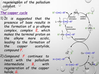 regeneration of the palladium
catalyst.
The copper cycle
It is suggested that the
presence of base results in
the formation of a pi-alkyne
complex, complex E, which
makes the terminal proton on
the alkyne more acidic,
leading to the formation of
the copper acetylide,
compound F.
1)
Compound F continues to
react with the palladium
intermediate B, with
regeneration of the copper
halide, G.
2)
 