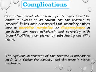 Complications
Due to the crucial role of base, specific amines must be
added in excess or as solvent for the reaction to
proceed. It has been discovered that secondary amines
such as piperidine, morpholine, or diisopropylamine in
particular can react efficiently and reversibly with
trans-RPdX(PPh3)2 complexes by substituting one PPh3
ligand.
The equilibirium constant of this reaction is dependent
on R, X, a factor for basicity, and the amine's steric
hindrance.
 