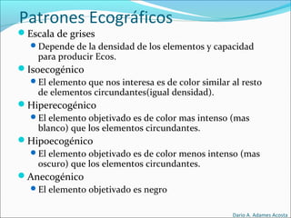 Patrones Ecográficos
Escala de grises
Depende de la densidad de los elementos y capacidad
para producir Ecos.
Isoecogénico
El elemento que nos interesa es de color similar al resto
de elementos circundantes(igual densidad).
Hiperecogénico
El elemento objetivado es de color mas intenso (mas
blanco) que los elementos circundantes.
Hipoecogénico
El elemento objetivado es de color menos intenso (mas
oscuro) que los elementos circundantes.
Anecogénico
El elemento objetivado es negro
Dario A. Adames Acosta
 