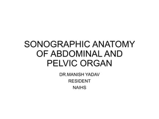 SONOGRAPHIC ANATOMY
OF ABDOMINAL AND
PELVIC ORGAN
DR.MANISH YADAV
RESIDENT
NAIHS
 