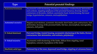 00
Type Potential prenatal findings
Autosomal dominant Asymmetric mild shortening of humerus and femur, vertebral body def...
