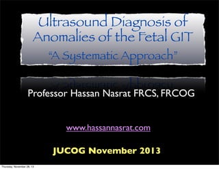 Ultrasound Diagnosis of
Anomalies of the Fetal GIT
“A Systematic Approach”

Professor Hassan Nasrat FRCS, FRCOG
www.hassannasrat.com
JUCOG November 2013
Thursday, November 28, 13

 