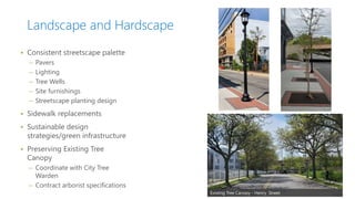 Landscape and Hardscape
 Consistent streetscape palette
– Pavers
– Lighting
– Tree Wells
– Site furnishings
– Streetscape planting design
 Sidewalk replacements
 Sustainable design
strategies/green infrastructure
 Preserving Existing Tree
Canopy
– Coordinate with City Tree
Warden
– Contract arborist specifications
Existing Tree Canopy - Henry Street
 
