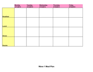 Monday,     Tuesday,    Wednesday, Plan
                                       Wave 1 Meal    Thursday,   Friday,
            3/11/2013   3/12/2013   3/13/2013         3/15/2013   3/16/2013




Breakfast




Lunch




Dinner




Snacks




                                    Wave 1 Meal Plan
 