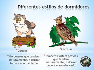*Corujas
*Cotovias
*Também existem pessoas
que tendem,
naturalmente, a dormir
cedo e e acordar cedo.
*São pessoas que tendem,
naturalmente, a dormir
tarde e acordar tarde.
 