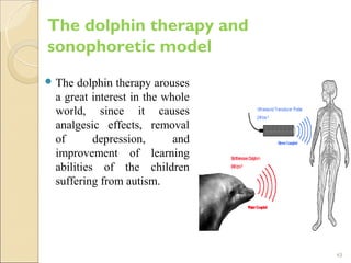 The dolphin therapy and
sonophoretic model
 The dolphin therapy arouses
 a great interest in the whole
 world, since it causes
 analgesic effects, removal
 of       depression,      and
 improvement of learning
 abilities of the children
 suffering from autism.




                                 43
 