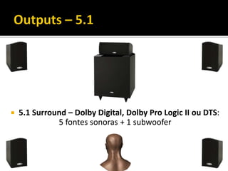  5.1 Surround – Dolby Digital, Dolby Pro Logic II ou DTS:
5 fontes sonoras + 1 subwoofer
 
