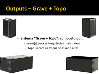  Sistema “Grave + Topo”: composto por:
 grave(s) para as frequências mais baixas
 topo(s) para as frequências mais altas
 