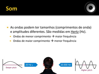  As ondas podem ter tamanhos (comprimentos de onda)
e amplitudes diferentes. São medidas em Hertz (Hz).
 Ondas de menor comprimento  maior frequência
 Ondas de maior comprimento  menor frequência
 