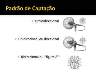  Ominidirecional
 Unidirecional ou direcional
 Bidirecional ou “figura 8”
 