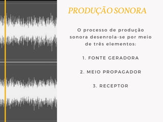 PRODUÇÃO SONORA
O processo de produção
sonora desenrola-se por meio
de três elementos:
1. FONTE GERADORA
2. MEIO PROPAGADOR
3. RECEPTOR
 