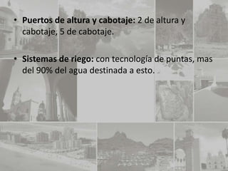 • Puertos de altura y cabotaje: 2 de altura y
  cabotaje, 5 de cabotaje.

• Sistemas de riego: con tecnología de puntas, mas
  del 90% del agua destinada a esto.
 