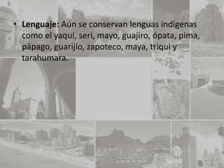 • Lenguaje: Aún se conservan lenguas indígenas
  como el yaqui, seri, mayo, guajiro, ópata, pima,
  pápago, guarijío, zapoteco, maya, triqui y
  tarahumara.
 