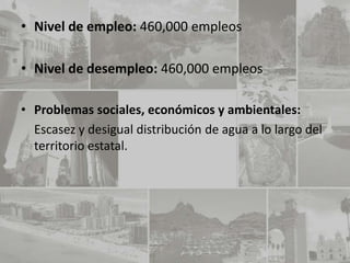• Nivel de empleo: 460,000 empleos

• Nivel de desempleo: 460,000 empleos

• Problemas sociales, económicos y ambientales:
  Escasez y desigual distribución de agua a lo largo del
  territorio estatal.
 