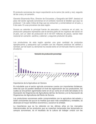 El producto sonorense de mayor exportación es la carne (de cerdo y res); seguido
de las uvas y el camarón.
Gerardo Elizarrarás Ríos, Director de Encuestas y Geografía del SIAP, destacó el
peso del sector agrícola sonorense en el contexto nacional al detallar que aquí se
producen 1 de cada 2 kilos de trigo que se consumen y comercializan en el país, y
9 de cada 10 uvas provienen de esta región.
Sonora es además la principal fuente de pescados y mariscos en el país, su
producción pesquera representa casi la tercera parte de los ingresos del sector en
el país, con un valor de producción de 5 mil 037 millones de pesos, siendo líder
nacional en camarón, sardina y calamar; y segundo productor de jaiba.
Los productores de esta región aportan una gran cantidad de productos
agropecuarios y pesqueros que cumplen con las mejores prácticas de calidad y
sanidad, por tal razón su demanda ha crecido tanto en el mercado interno como en
el externo.
de la producción en dos a
Importancia de la Agricultura en Sonora
Es indudable que el sector agrícola sonorense cuenta con importantes fortalezas,
entre las que se pueden destacar el nivel de organización de sus productores, los
cuales se encuentran agremiados tanto en el sur como en el norte del estado en la
Asociación de Organismos de Agricultores del Sur de Sonora y en la Asociación de
Organismos de Agricultores del Norte de Sonora.
Los productores sonorenses están comprometidos con la agricultura del estado y
están conscientes de que en la medida que sean más competitivos y rentables, se
alcanzara el mayor beneficio económico y social en la entidad.
La importancia que se ha obtenido en los últimos años en los mercados
internacionales de los productos que se cosechan temporada tras temporada en
campos sonorenses, es el resultado de la cultura de trabajar unidos con las
 