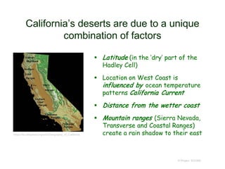 California’s deserts are due to a unique
combination of factors
 Latitude (in the ‘dry’ part of the
Hadley Cell)
 Location on West Coast is
influenced by ocean temperature
patterns California Current
 Distance from the wetter coast
 Mountain ranges (Sierra Nevada,
Transverse and Coastal Ranges)
create a rain shadow to their east
© Project SOUND
https://en.wikipedia.org/wiki/Geography_of_California
 