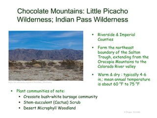 Chocolate Mountains: Little Picacho
Wilderness; Indian Pass Wilderness
 Riverside & Imperial
Counties
 Form the northeast
boundary of the Salton
Trough, extending from the
Orocopia Mountains to the
Colorado River valley
 Warm & dry : typically 4-6
in.; mean annual temperature
is about 60 °F to 75 °F
© Project SOUND
https://en.wikipedia.org/wiki/Chocolate_Mountains
 Plant communities of note:
 Creosote bush–white bursage community
 Stem-succulent (Cactus) Scrub
 Desert Microphyll Woodland
 
