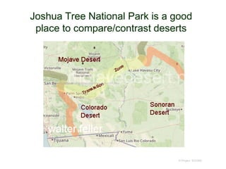 Joshua Tree National Park is a good
place to compare/contrast deserts
© Project SOUND
http://mojavedesert.net/plants/vegetation/01.html
 