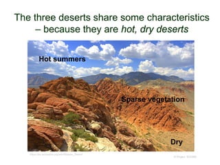 The three deserts share some characteristics
– because they are hot, dry deserts
© Project SOUND
Hot summers
Dry
Sparse vegetation
https://en.wikipedia.org/wiki/Mojave_Desert
 