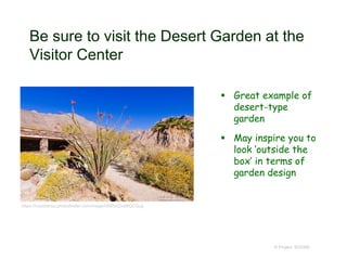 Be sure to visit the Desert Garden at the
Visitor Center
 Great example of
desert-type
garden
 May inspire you to
look ‘outside the
box’ in terms of
garden design
© Project SOUND
https://russbishop.photoshelter.com/image/I0000G2xxf8QCQcg
 
