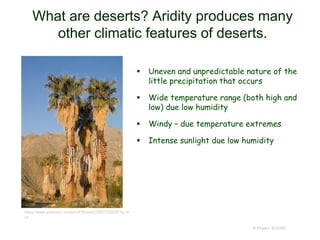 What are deserts? Aridity produces many
other climatic features of deserts.
 Uneven and unpredictable nature of the
little precipitation that occurs
 Wide temperature range (both high and
low) due low humidity
 Windy – due temperature extremes
 Intense sunlight due low humidity
© Project SOUND
https://www.pinterest.com/pin/476044623083723828/?lp=tr
ue
 