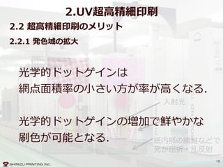 10
2.UV超⾼高精細印刷
入射光
反射光
紙内部の繊維などで
光が屈折・乱反射
光学的ドットゲインは  
網点⾯面積率率率の⼩小さい⽅方が率率率が⾼高くなる.  
光学的ドットゲインの増加で鮮やかな  
刷⾊色が可能となる.
2.2  超⾼高精細印刷のメリット  
2.2.1  発⾊色域の拡⼤大
 