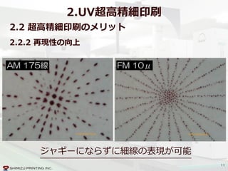11
2.2  超⾼高精細印刷のメリット  
2.2.2  再現性の向上
ジャギーにならずに細線の表現が可能
2.UV超⾼高精細印刷
AM  175線 FM  10μ
 