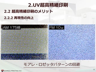 12
2.2  超⾼高精細印刷のメリット  
2.2.2  再現性の向上
モアレ・ロゼッタパターンの回避
2.UV超⾼高精細印刷
AM  175線 FM  10μ
 