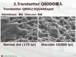 16
3.Trendsetter  Q800の導⼊入
Trendsetter  Q800とSQUAREspot
SQUAREspot 　網点（Staccato）形成
Normal  dot  (175  lpi) Staccato  10(800  lpi)
 