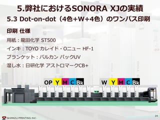 24
5.弊社におけるSONORA  XJの実績
5.3  Dot-‐‑‒on-‐‑‒dot（4⾊色+W+4⾊色）のワンパス印刷
BkCMYOP
印刷  仕様  
⽤用紙：⿓龍龍⽥田化学  ST500  
インキ：TOYO  カレイド・Oニュー  HF-‐‑‒1  
ブランケット：バルカン  パックUV  
湿し⽔水：⽇日研化学  アストロマークCB+
BkCMYW
 