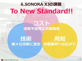 29
6.SONORA  XJの課題
コスト  
溶剤不不使⽤用な労働環境
技術  
様々な印刷に適合
周知  
印刷業界への広がり
To  New  Standard!!
 