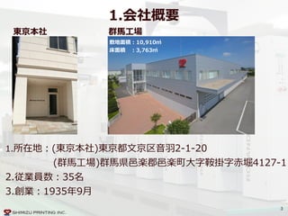 3
1.会社概要
1.所在地：(東京本社)東京都⽂文京区⾳音⽻羽2-‐‑‒1-‐‑‒20  
 　 　 　 　 　(群⾺馬⼯工場)群⾺馬県⾢邑楽郡⾢邑楽町⼤大字鞍掛字⾚赤堀4127-‐‑‒1  
2.従業員数：35名  
3.創業：1935年年9⽉月
東京本社 群⾺馬⼯工場
敷地⾯面積：10,910㎡  
床⾯面積      ：3,763㎡
 