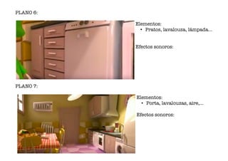 PLANO 6:
Elementos:
• Pratos, lavalouza, lámpada...
Efectos sonoros:
PLANO 7:
Elementos:
• Porta, lavalouzas, aire,...
Efectos sonoros:
www.afiestradamestra.gal
 