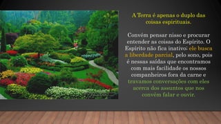 A Terra é apenas o duplo das
coisas espirituais.
Convém pensar nisso e procurar
entender as coisas do Espírito. O
Espírito não fica inativo; ele busca
a liberdade parcial, pelo sono, pois
é nessas saídas que encontramos
com mais facilidade os nossos
companheiros fora da carne e
travamos conversações com eles
acerca dos assuntos que nos
convém falar e ouvir.
 