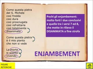 Come questa pietra
del S. Michele
così fredda
così dura
così prosciugata
così refrattaria
così totalmente
disanimata
Come questa pietra
è il mio pianto
che non si vede
La morte
si sconta
vivendo
Pochi gli enjambement:
molto forti i due conclusivi
e quello tra i versi 7 ed 8,
che mette in rilievo il
DISANIMATA a fine strofa
FIGURE
RETORICHE
 