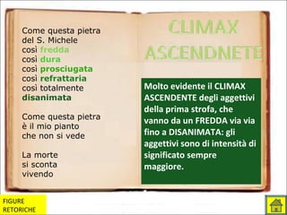 Come questa pietra
del S. Michele
così fredda
così dura
così prosciugata
così refrattaria
così totalmente
disanimata
Come questa pietra
è il mio pianto
che non si vede
La morte
si sconta
vivendo
Molto evidente il CLIMAX
ASCENDENTE degli aggettivi
della prima strofa, che
vanno da un FREDDA via via
fino a DISANIMATA: gli
aggettivi sono di intensità di
significato sempre
maggiore.
FIGURE
RETORICHE
 